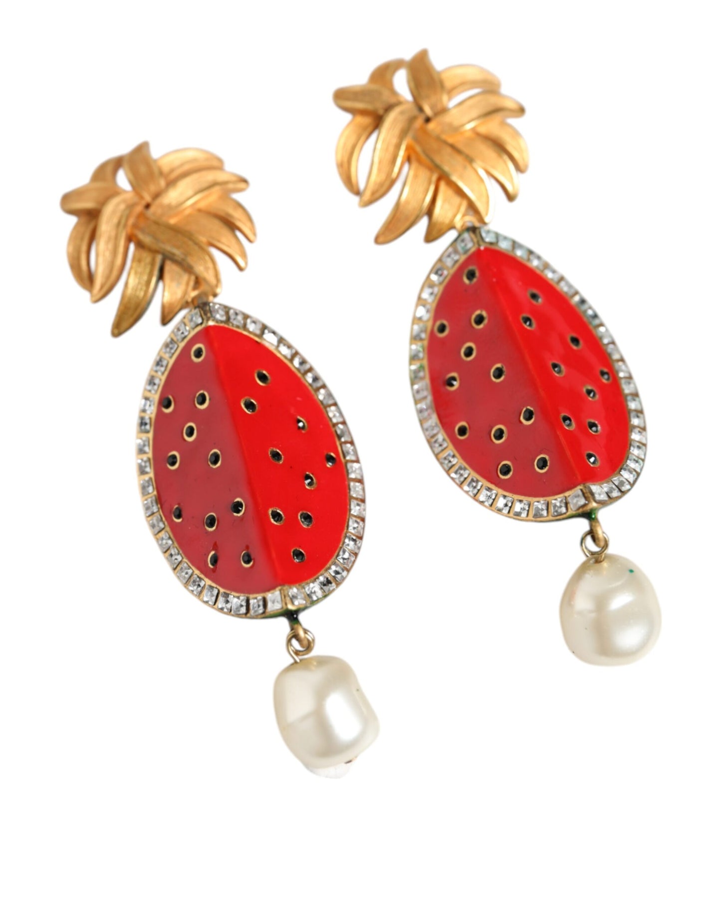 Sandía roja Oro Latón Cristal Clip Pendientes colgantes