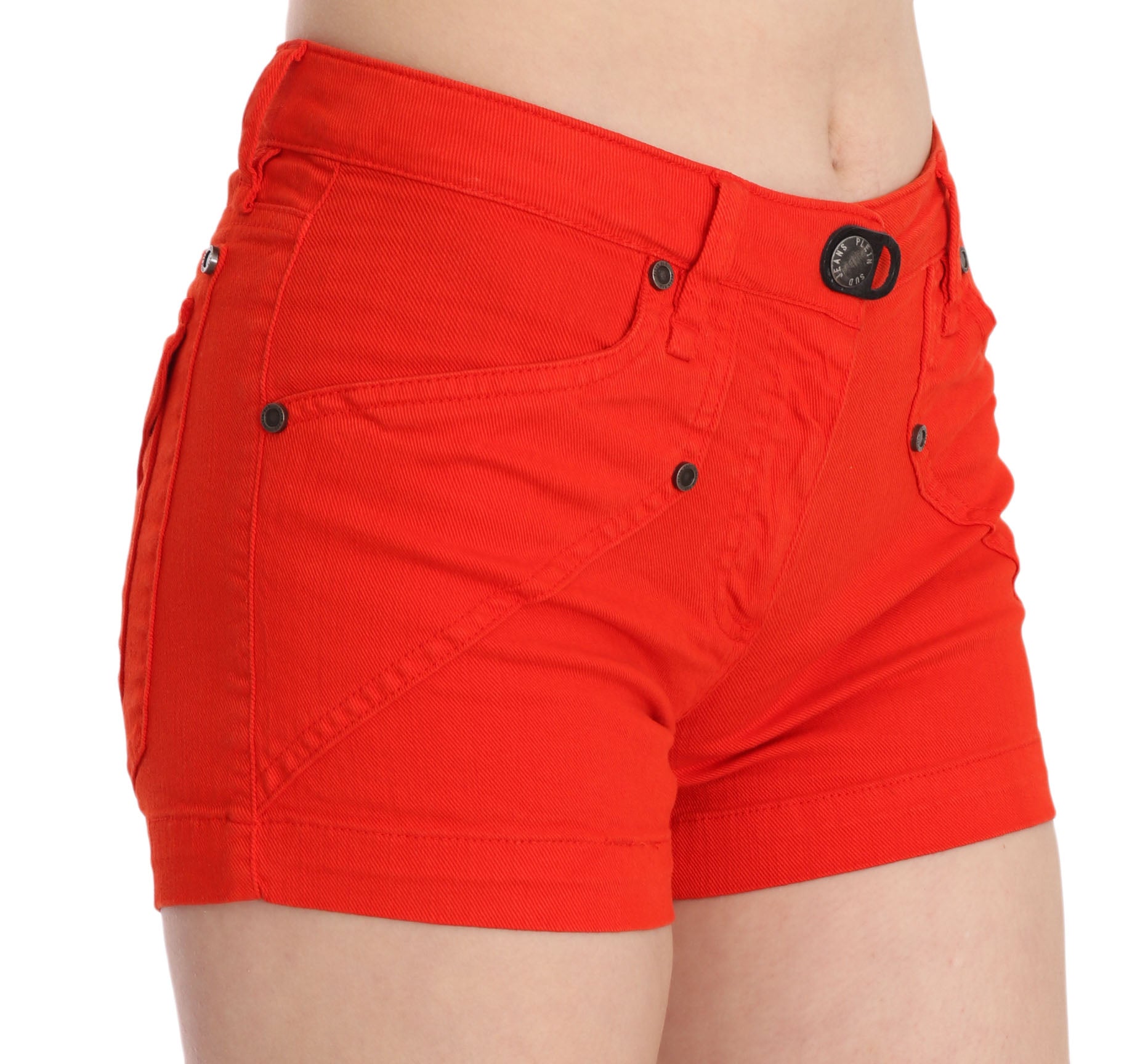 Mini shorts elegantes de cintura media en color naranja vibrante