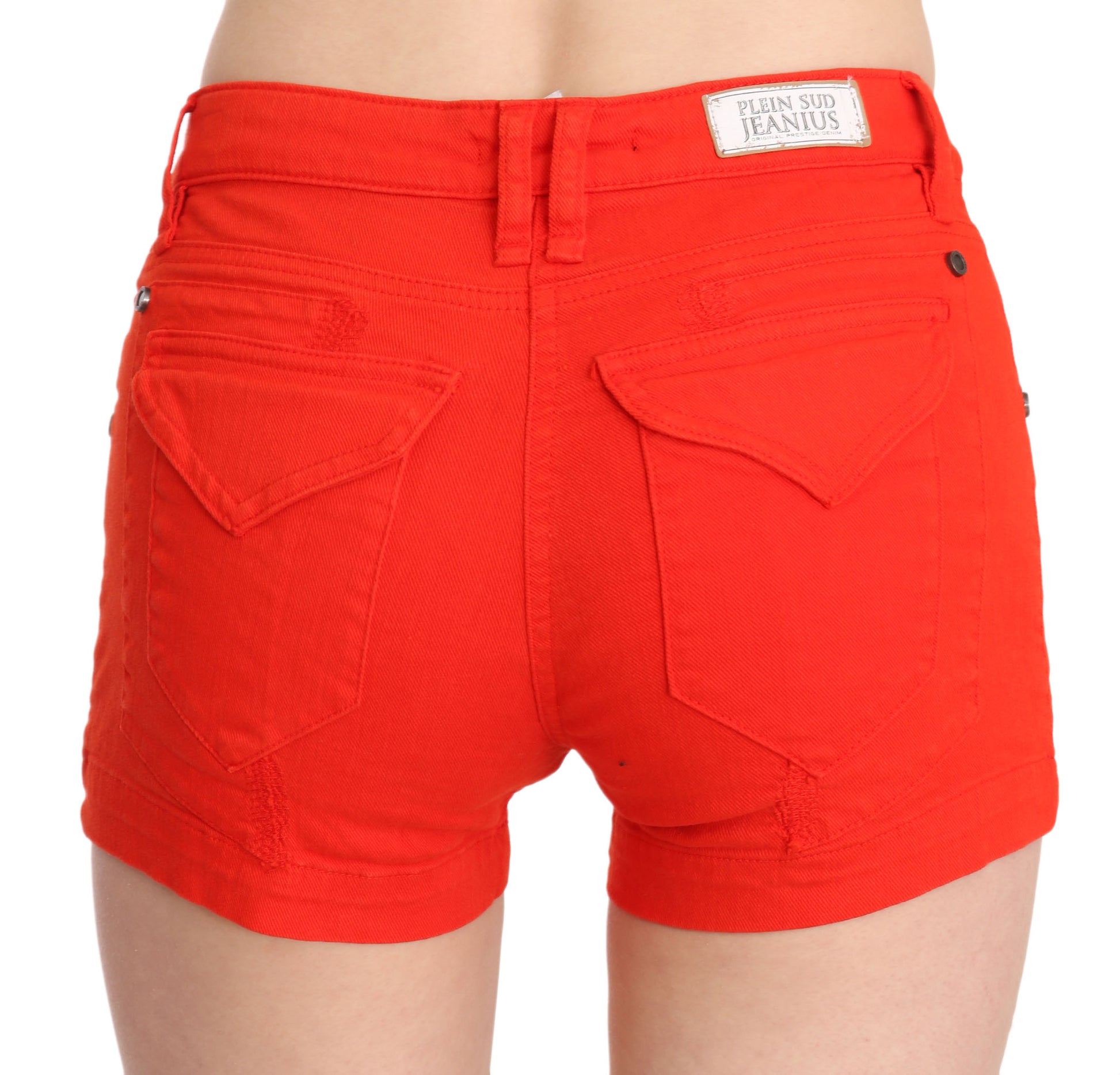 Mini shorts elegantes de cintura media en color naranja vibrante