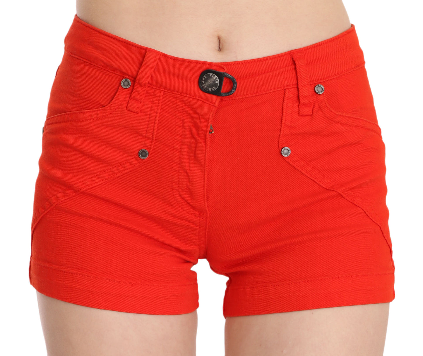 Mini shorts elegantes de cintura media en color naranja vibrante