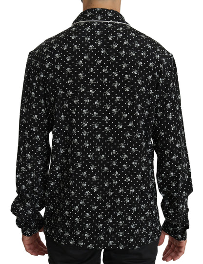 Elegante camisa de pijama de seda con estampado de calaveras