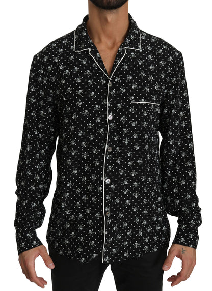 Elegante camisa de pijama de seda con estampado de calaveras