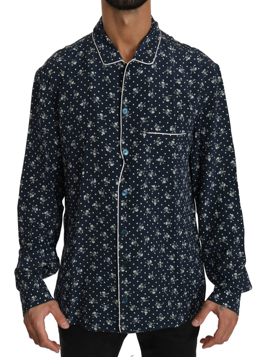 Elegancia de seda: Camisa de descanso con estampado de calaveras azules