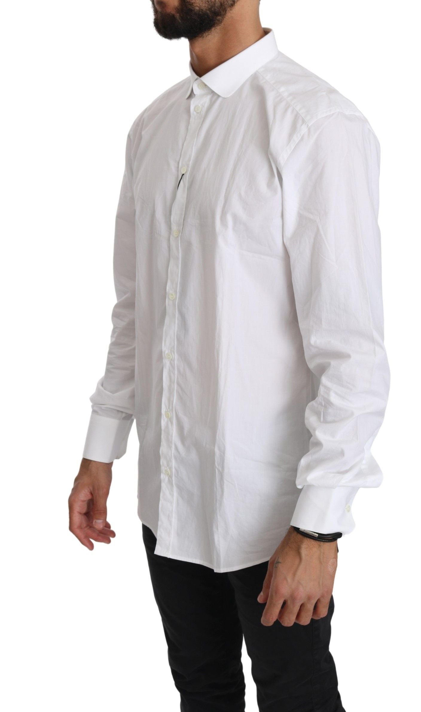 Camisa elegante de algodón blanco con corte dorado