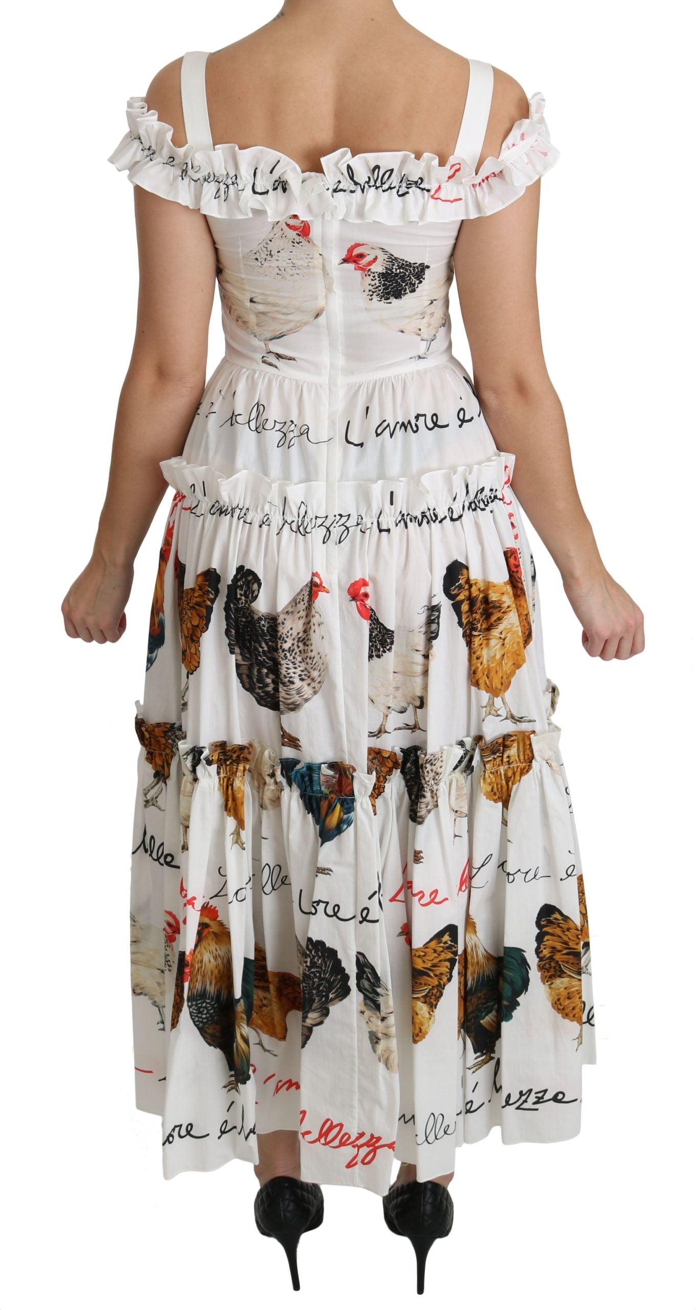 Elegant White Rooster Print Sheath Midi Dress