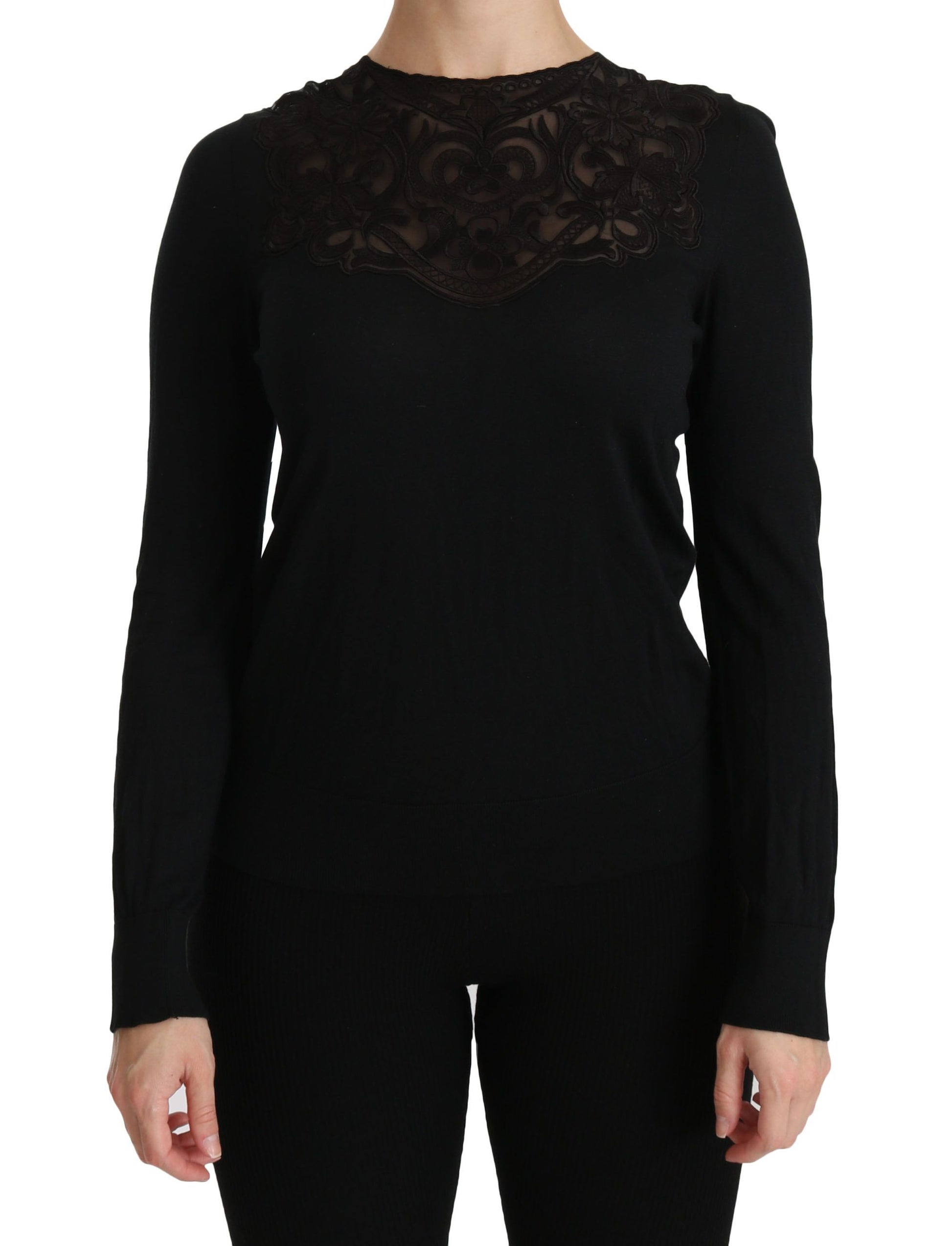 Elegante blusa de encaje negro en mezcla de seda