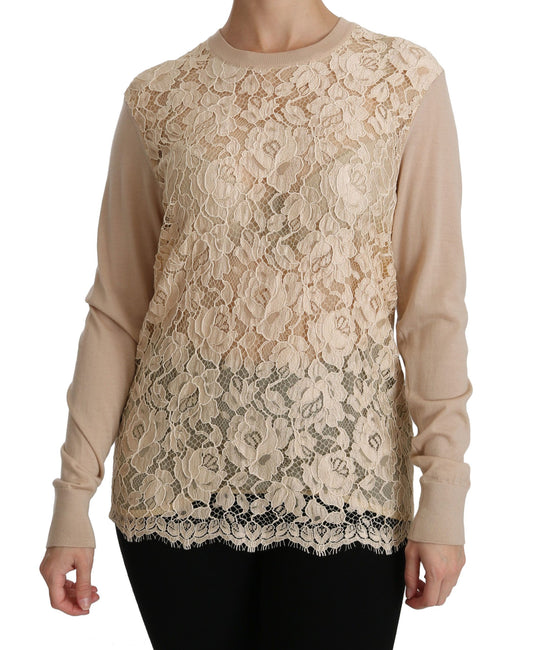 Elegant Beige Lace Crew Neck Cashmere Blouse