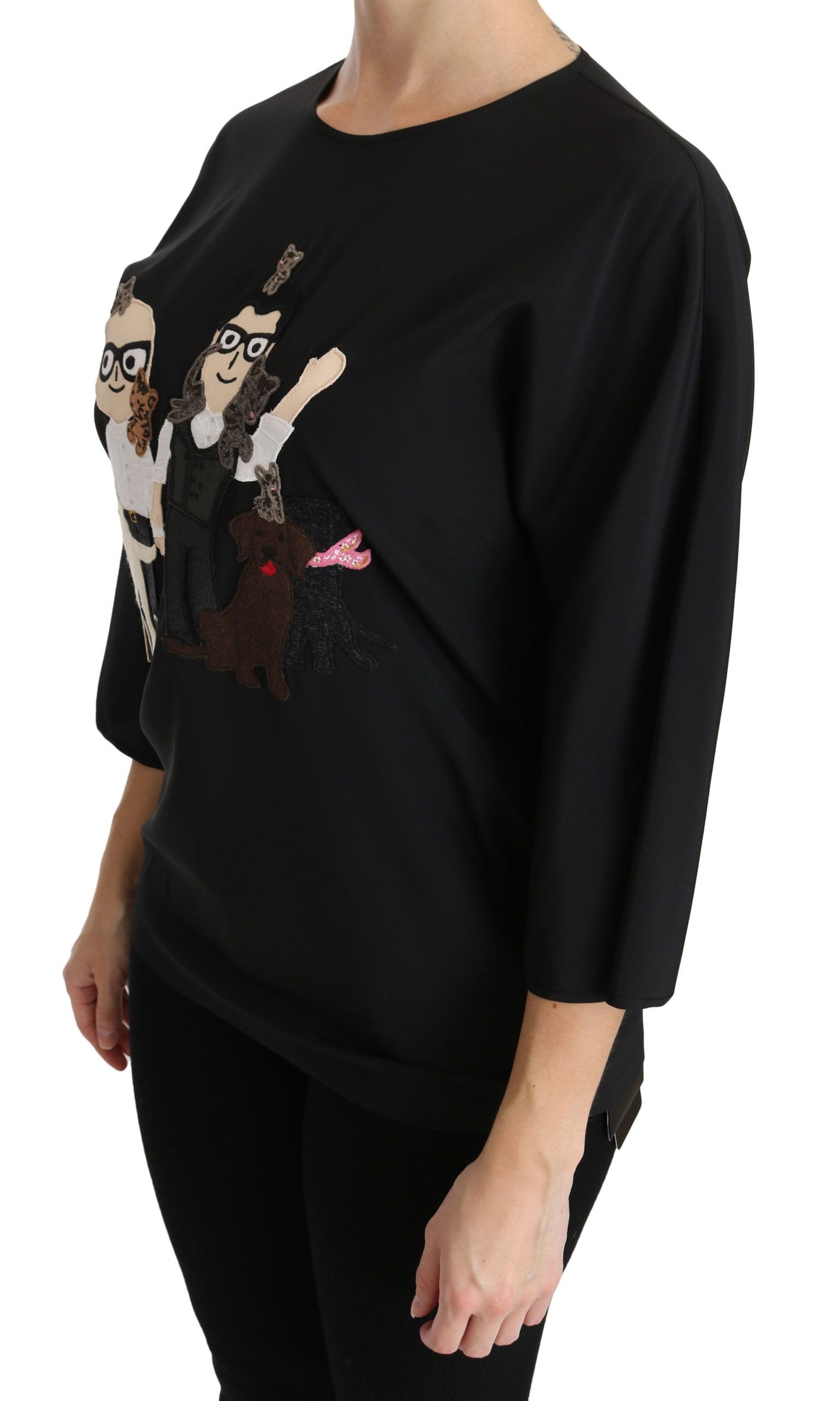 Elegant Black Silk Stretch Embroidered Top