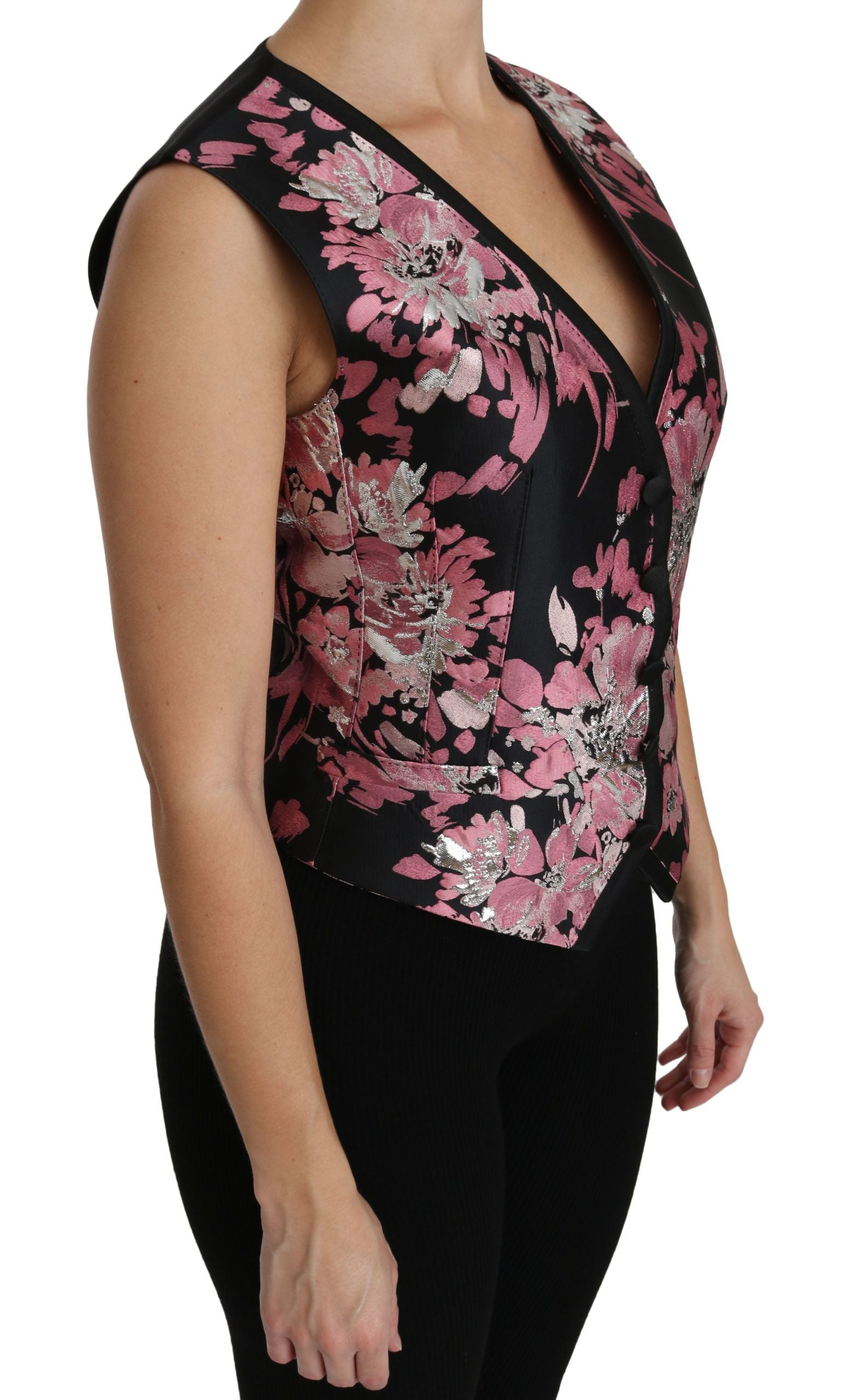 Elegante blusa tipo chaleco con escote pronunciado y brocado floral