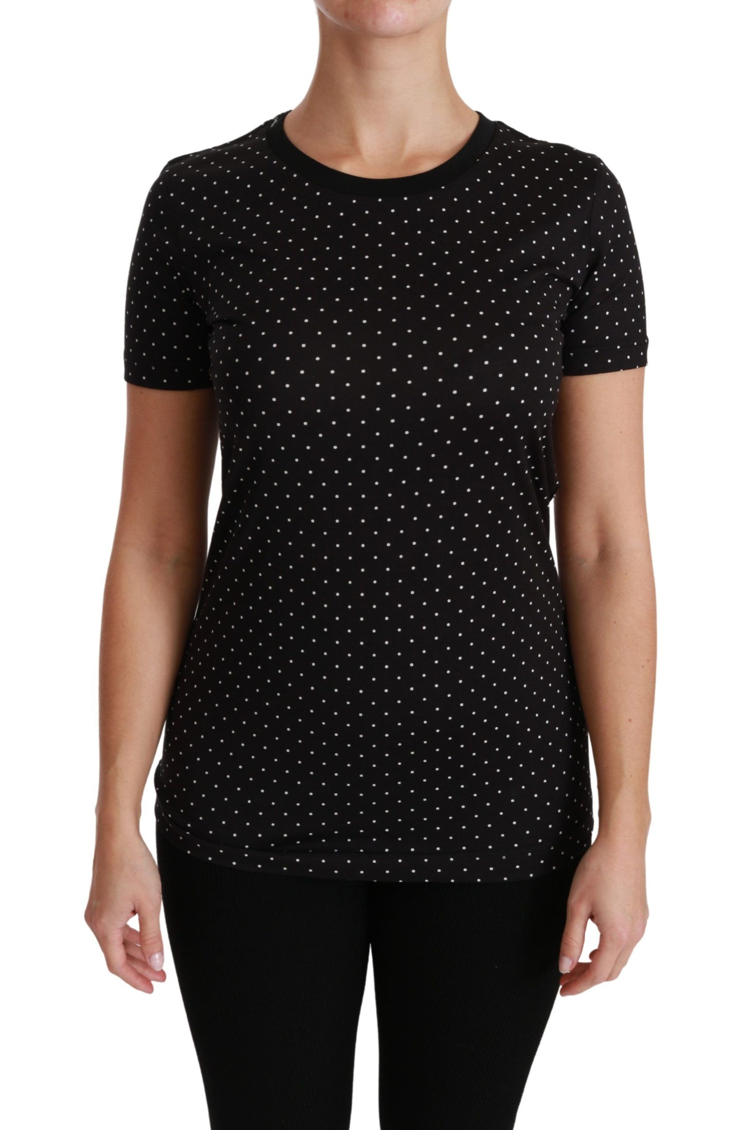 Camiseta elegante de algodón con cuello redondo y lunares negros