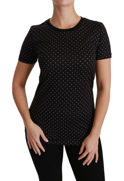 Camiseta elegante de algodón con cuello redondo y lunares negros