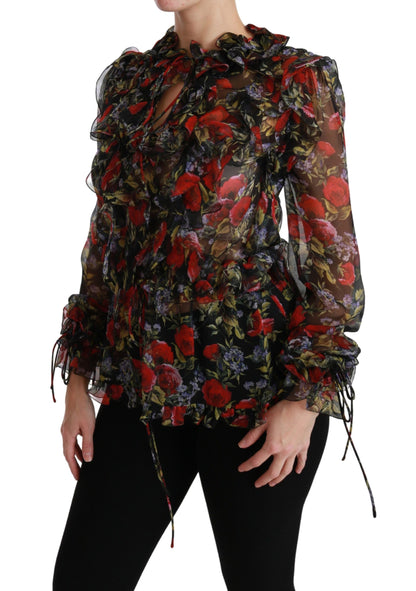 Elegante blusa de seda con mangas largas y estampado floral