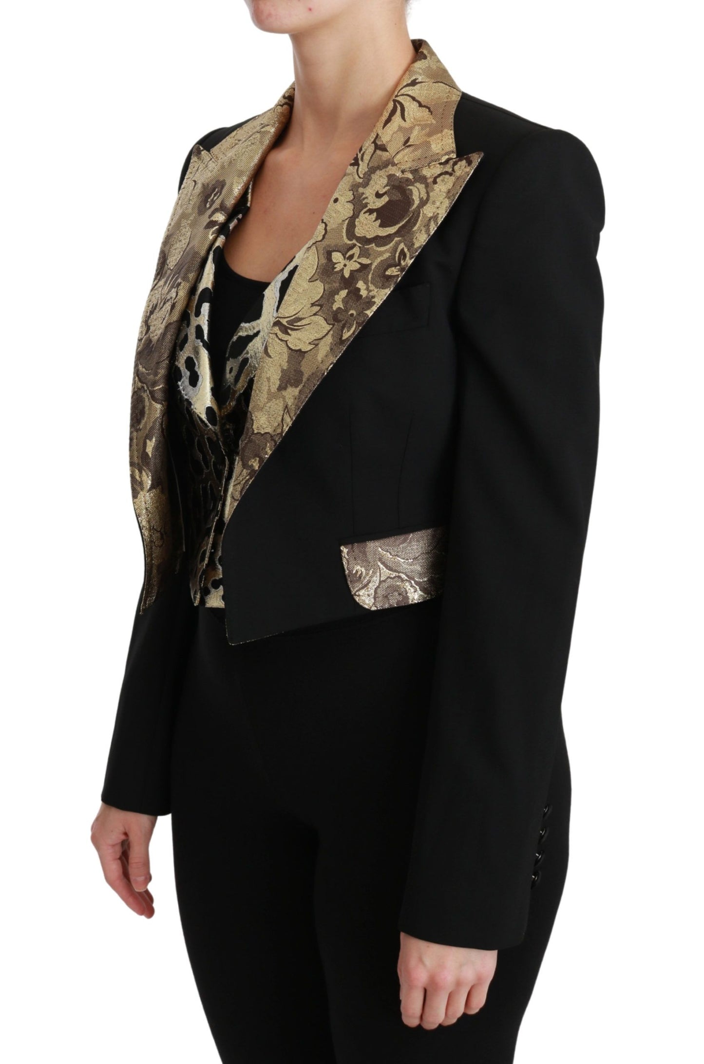 Conjunto de chaqueta y chaleco con estampado floral dorado y negro opulento