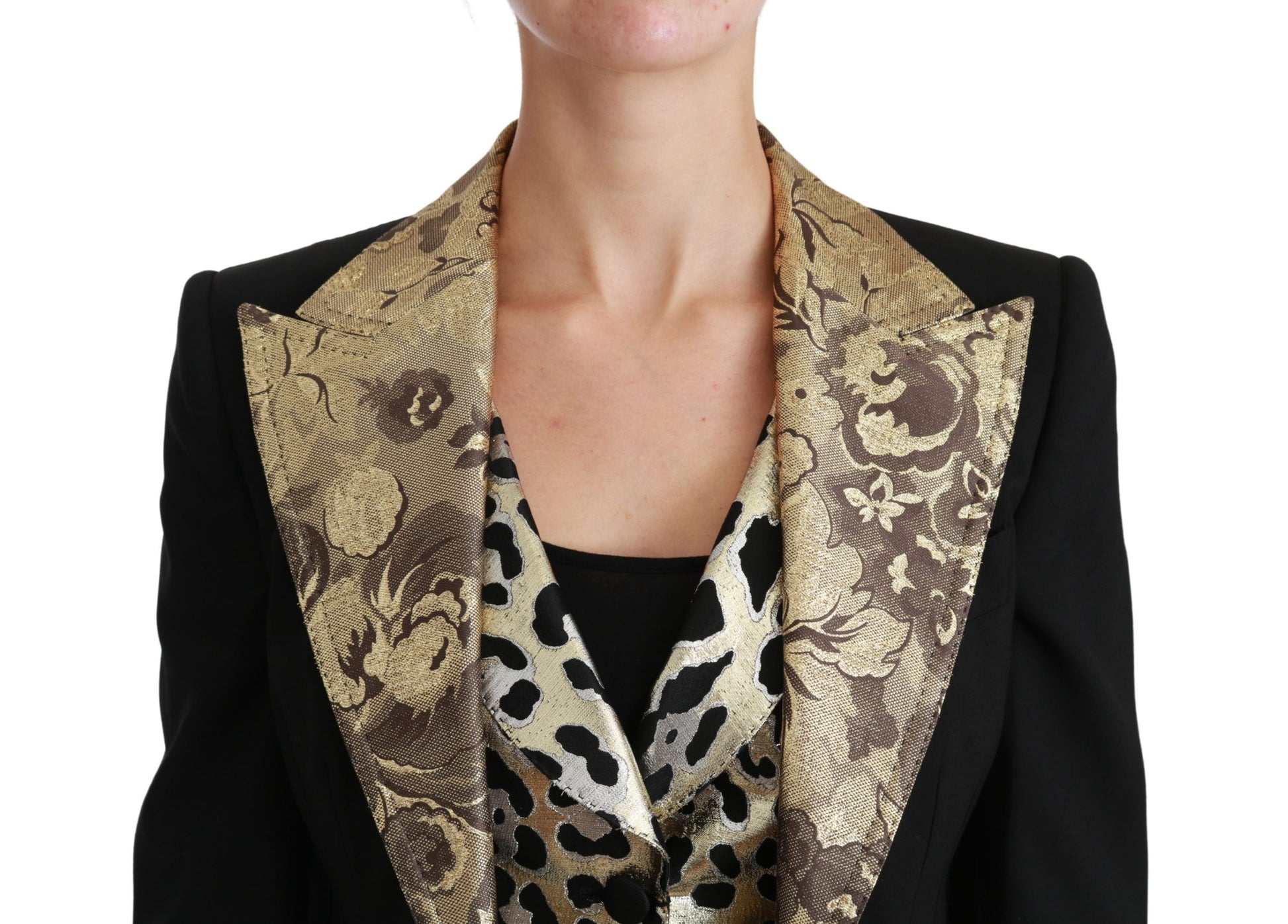 Conjunto de chaqueta y chaleco con estampado floral dorado y negro opulento