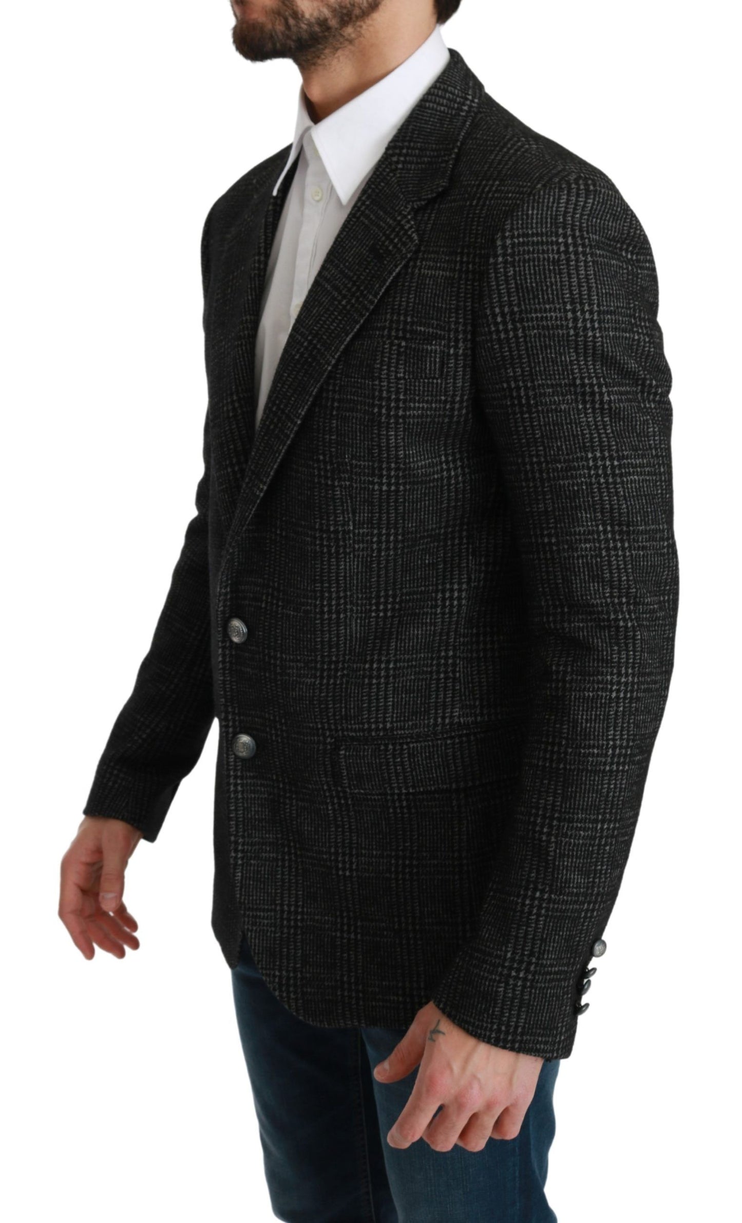 Elegante blazer de cuadros grises de corte ajustado