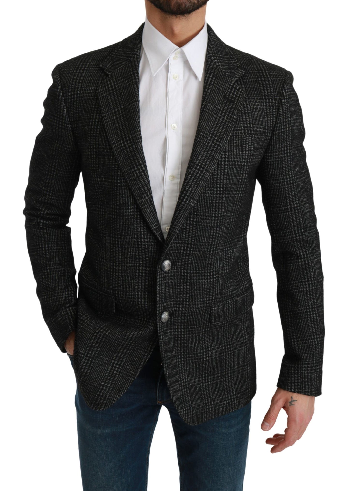 Elegante blazer de cuadros grises de corte ajustado