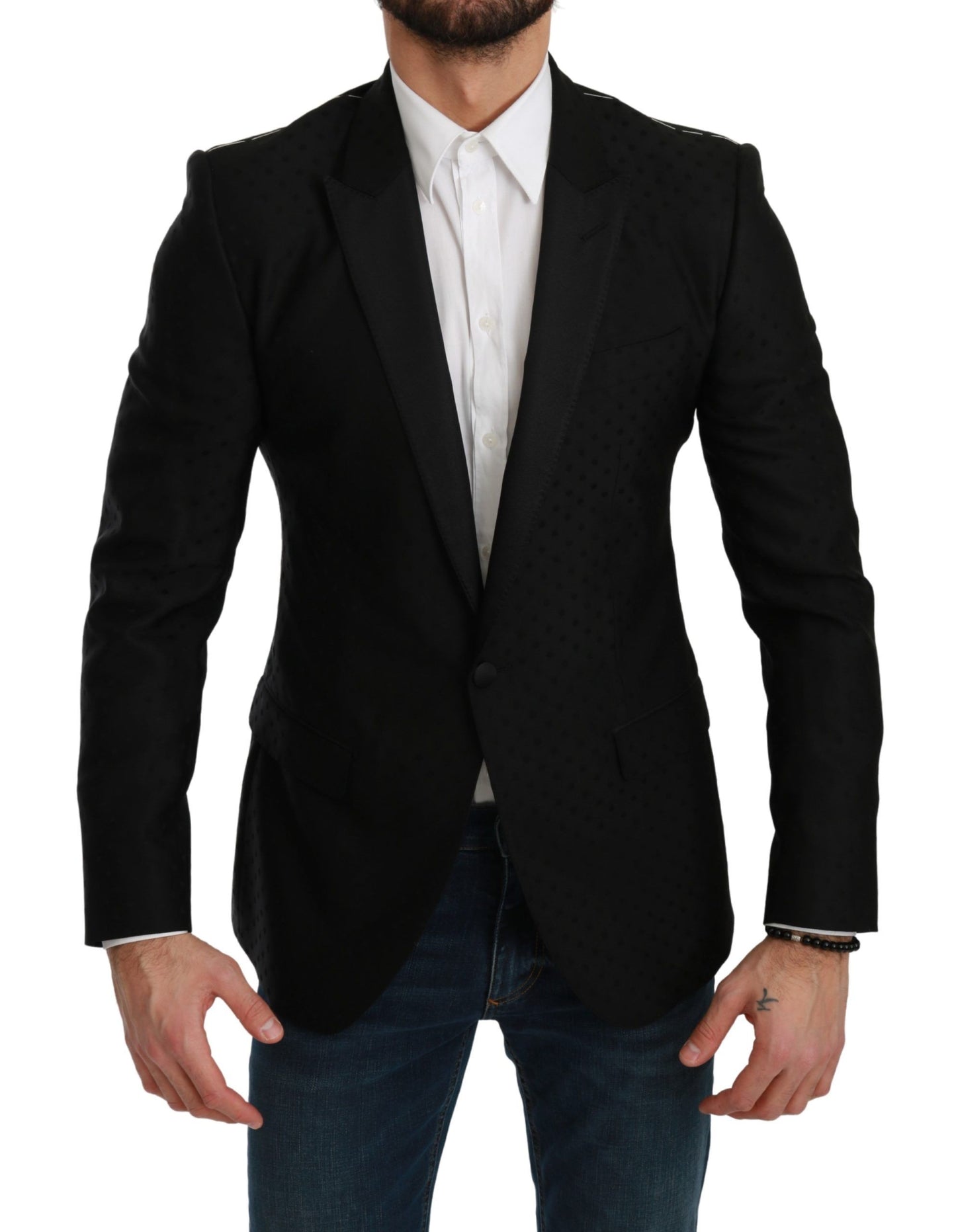 Elegante blazer de mezcla de lana con lunares negros