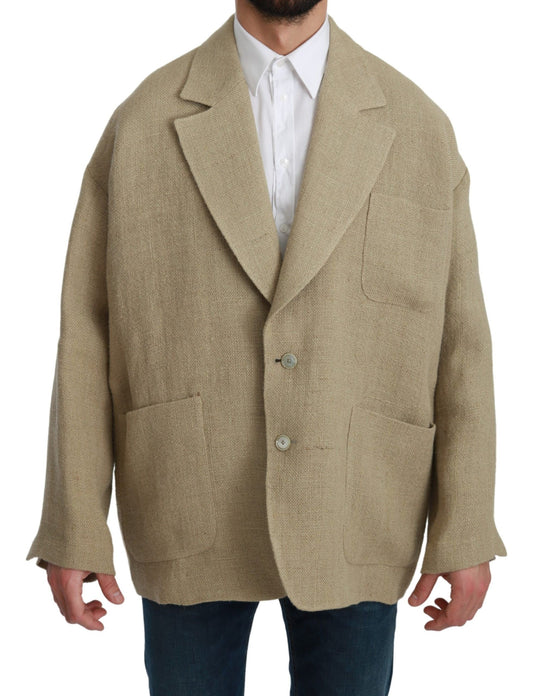 Elegante blazer de yute beige con botonadura sencilla