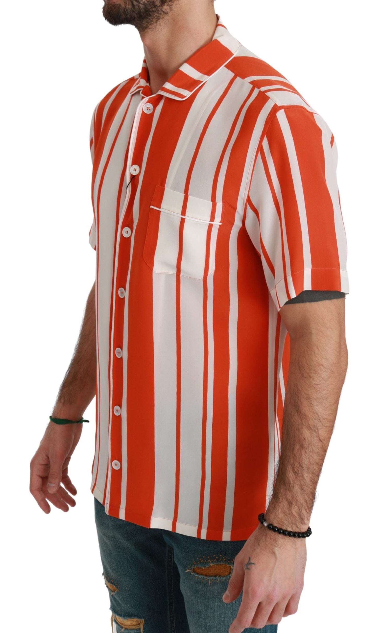 Camisa elegante de seda a rayas - Blanca y naranja