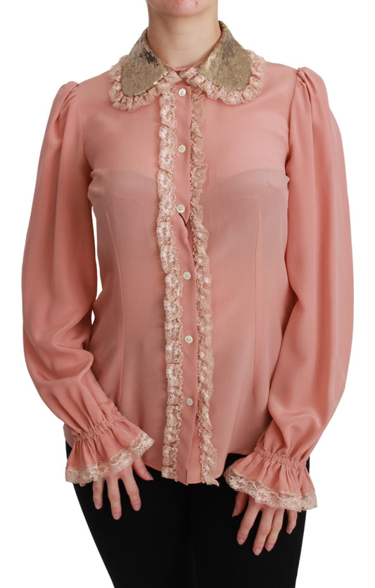 Elegante Blusa de Encaje de Seda Rosa con Lentejuelas Doradas