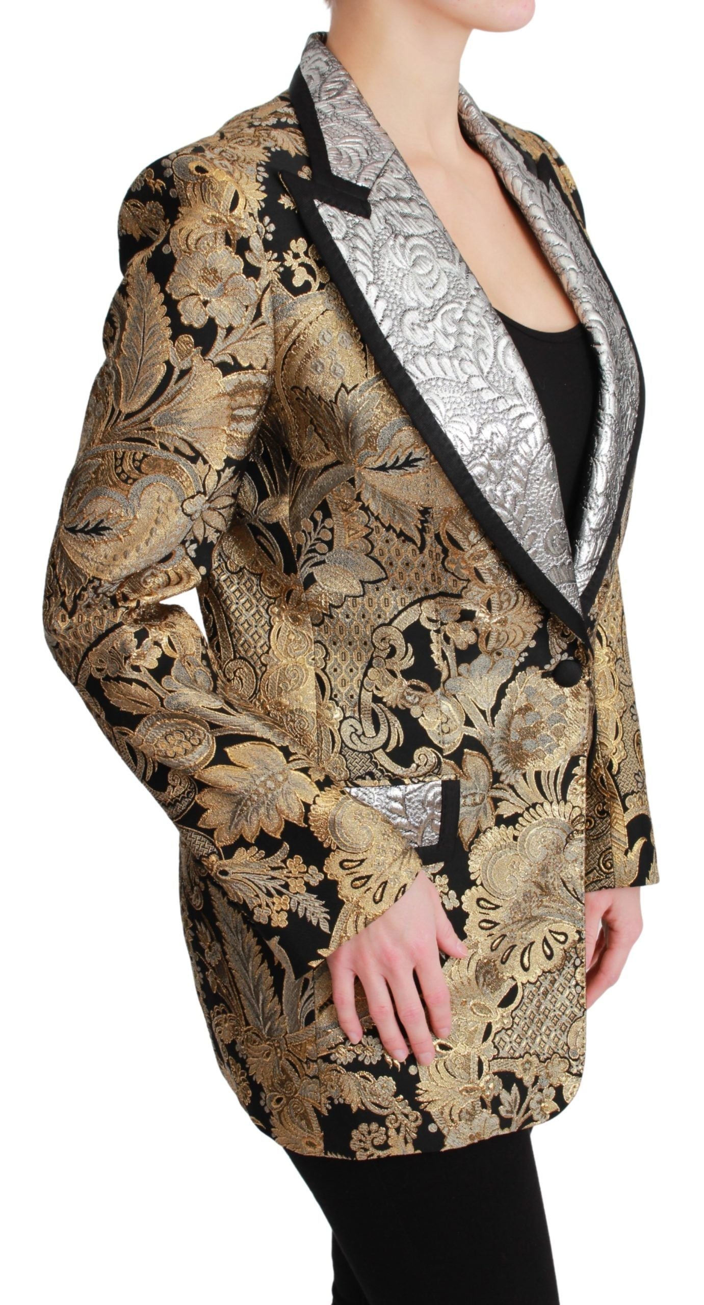 Elegante blazer de jacquard con estampado floral dorado