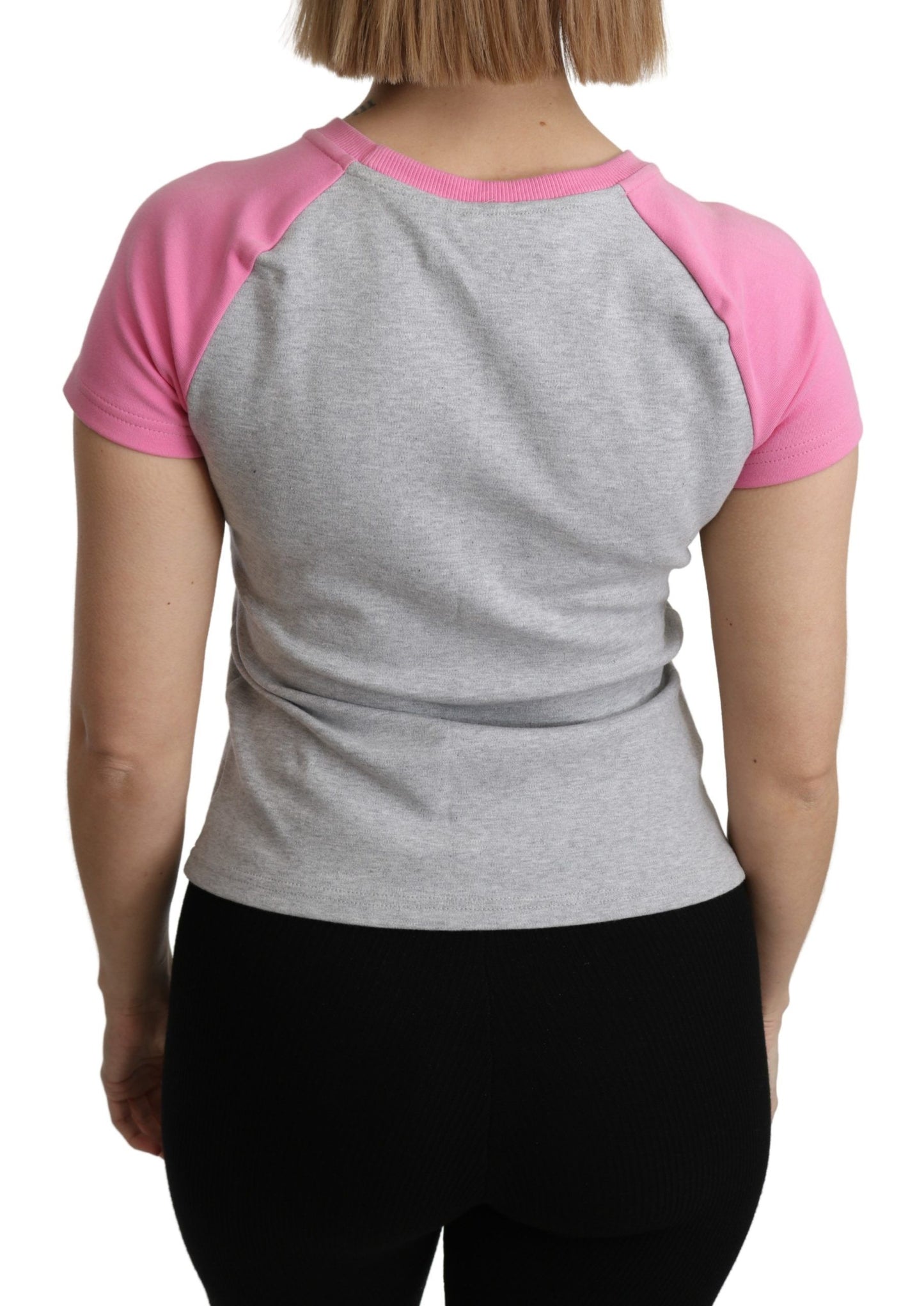 Camiseta elegante de algodón con cuello redondo en gris y detalles en rosa