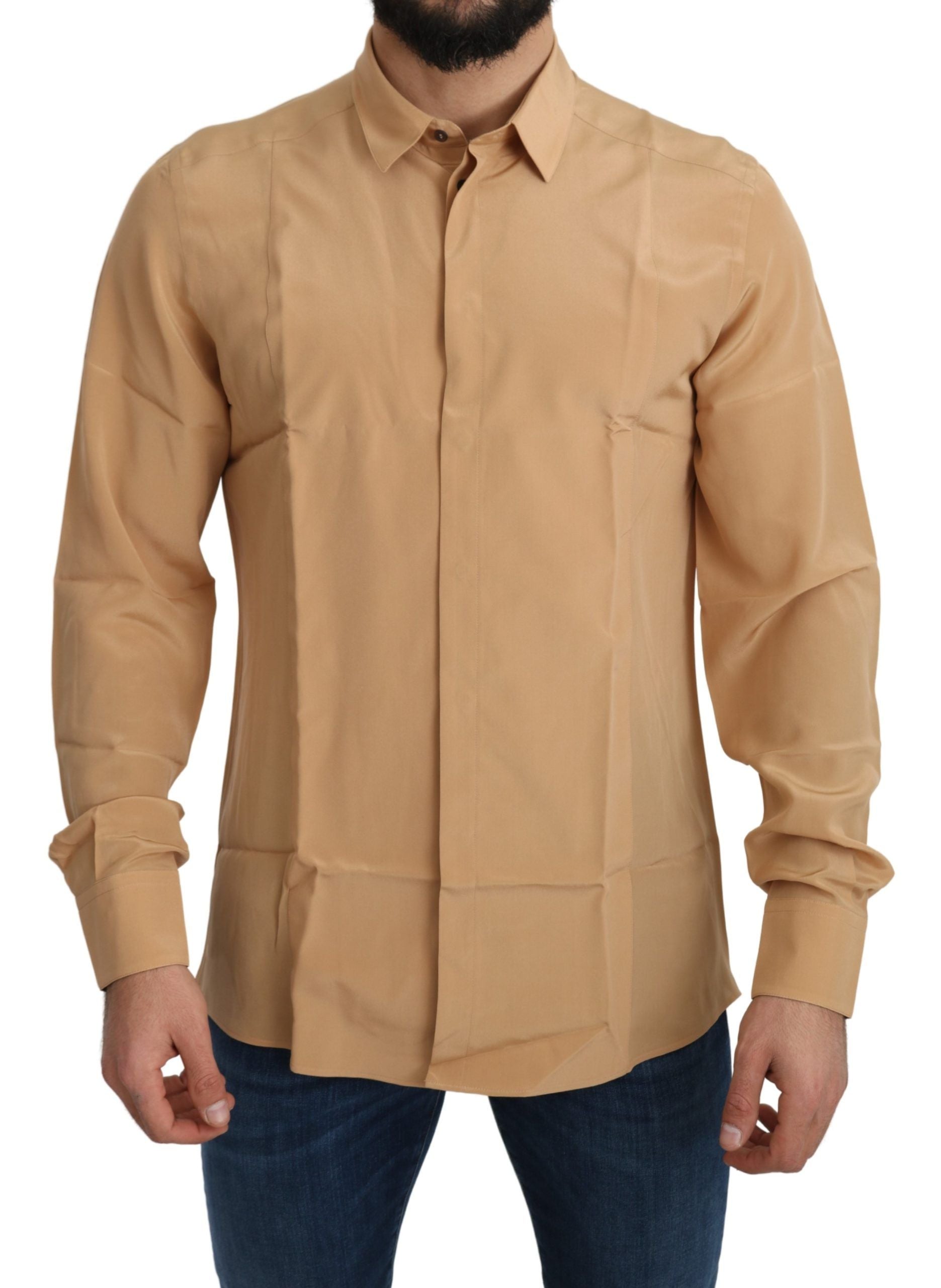 Camisa formal elegante de seda amarilla para hombre