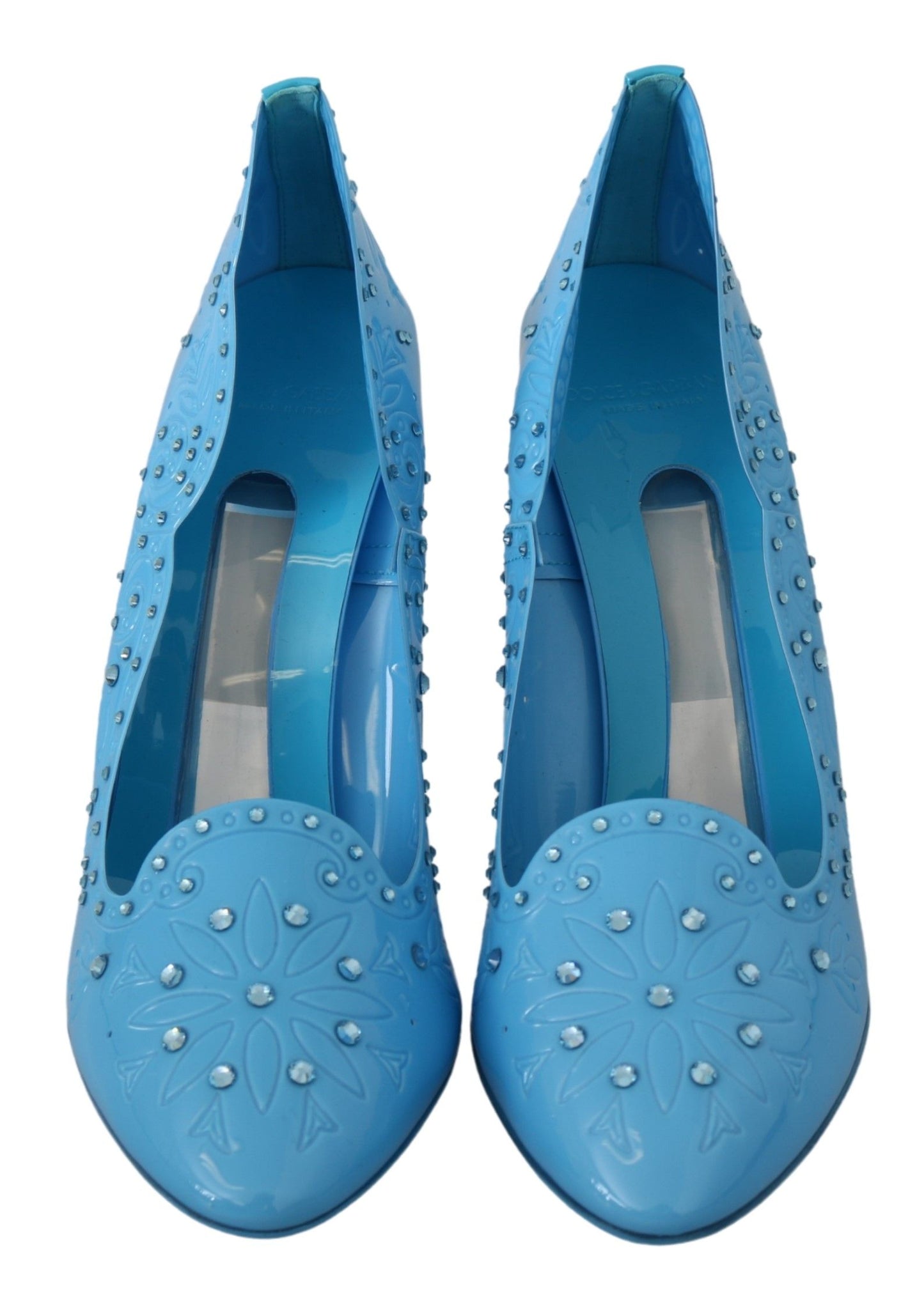 Zapatos de tacón de Cenicienta azules con adornos de cristal