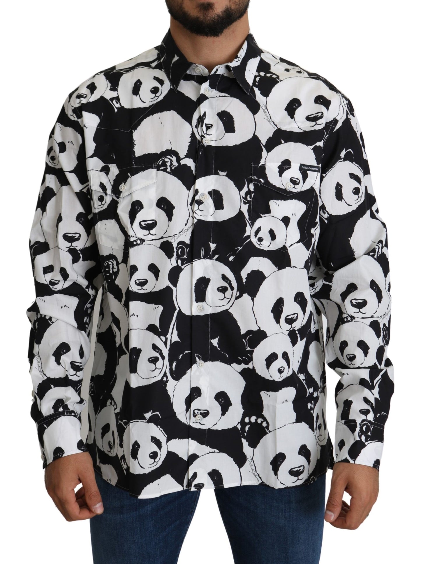 Camisa de algodón puro con estampado de panda - Blanco y negro