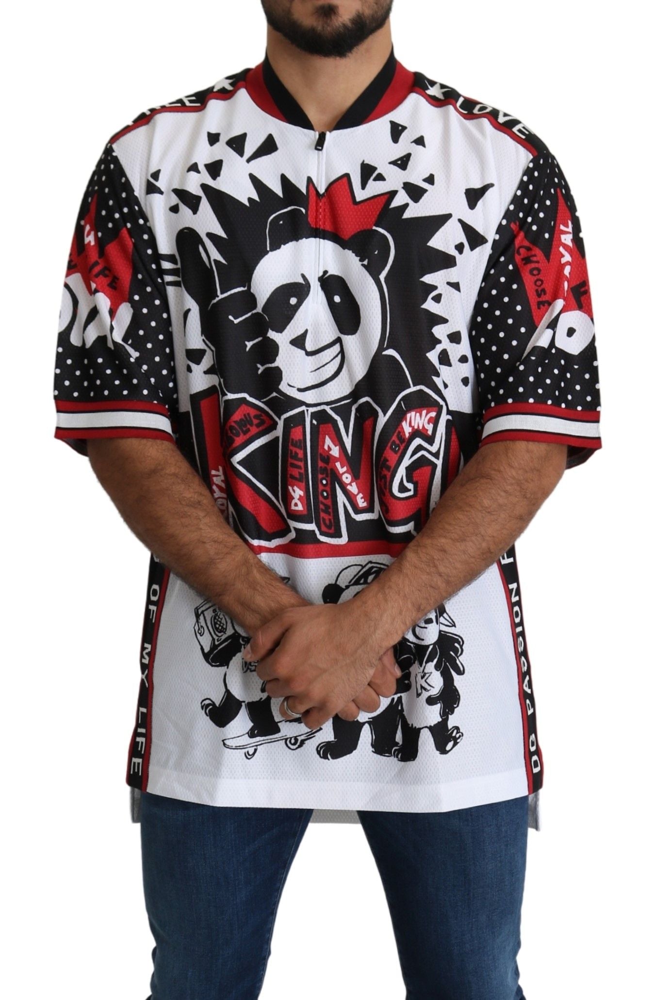 Camiseta elegante con cuello con cremallera y estampado de panda blanco