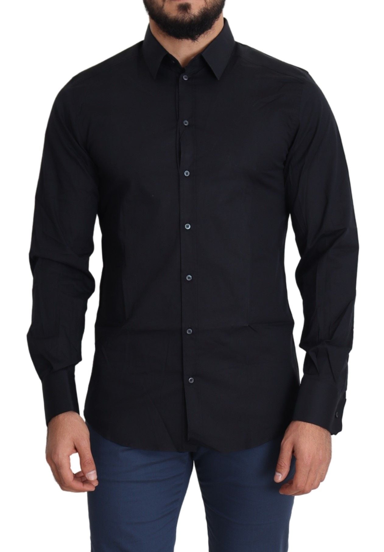 Camisa de vestir de algodón elástico, elegante y de corte ajustado, de color negro