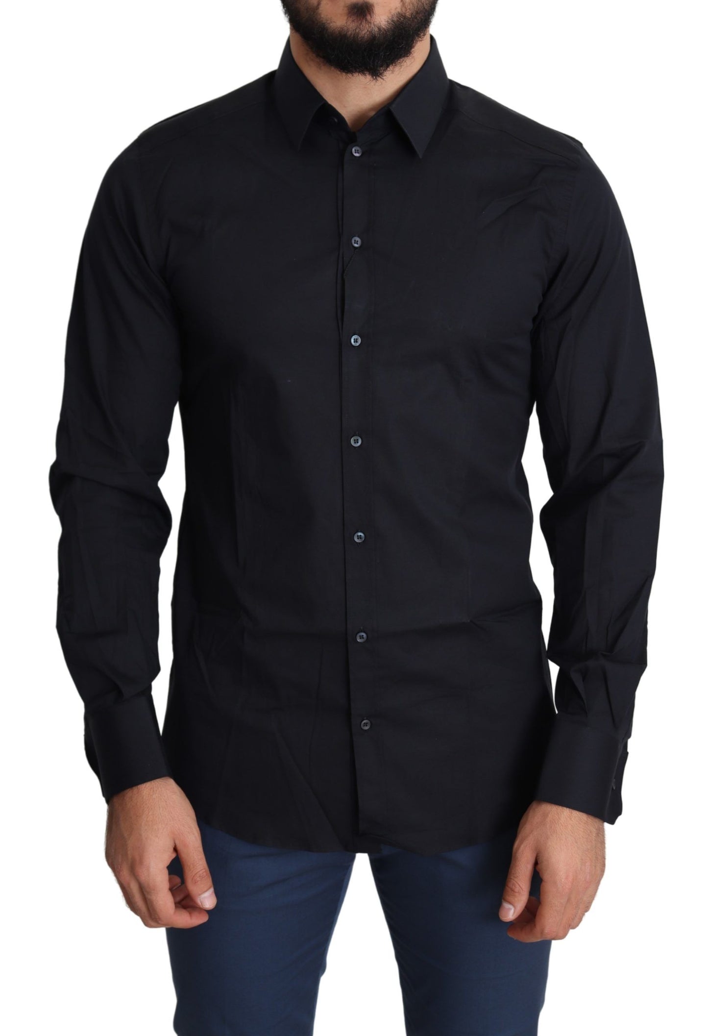 Camisa de vestir de algodón elástico, elegante y de corte ajustado, de color negro