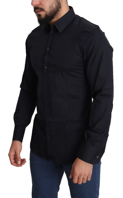 Camisa de vestir de algodón elástico, elegante y de corte ajustado, de color negro