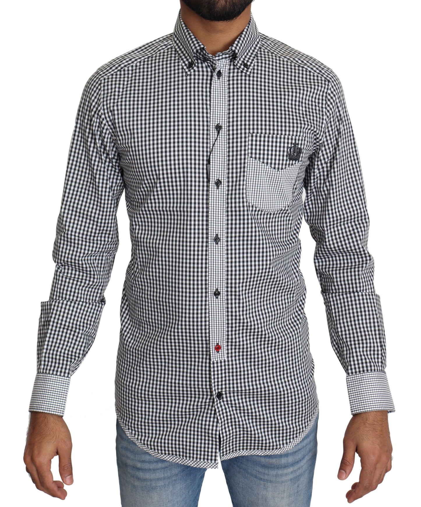 Camisa elegante informal a cuadros en blanco y negro y dorada