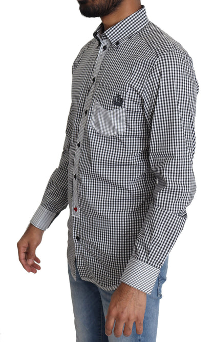 Camisa elegante informal a cuadros en blanco y negro y dorada