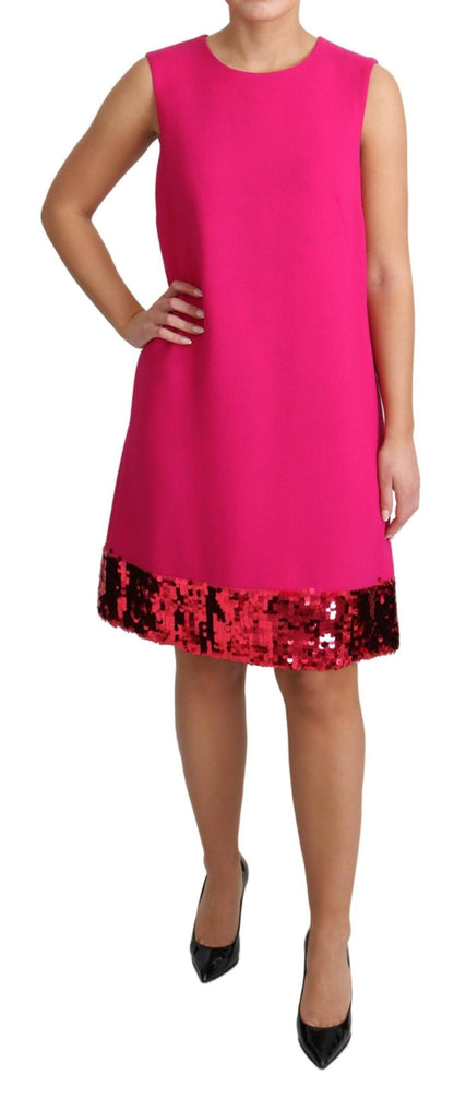 Elegant Fuchsia Sequined Wool Blend Shift Dress