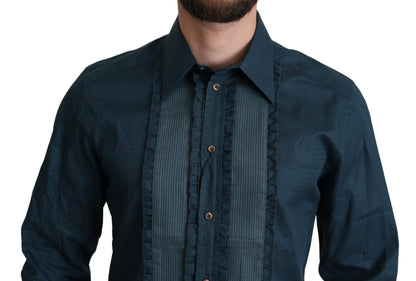 Elegant Blue Ruffled Tuxedo Shirt