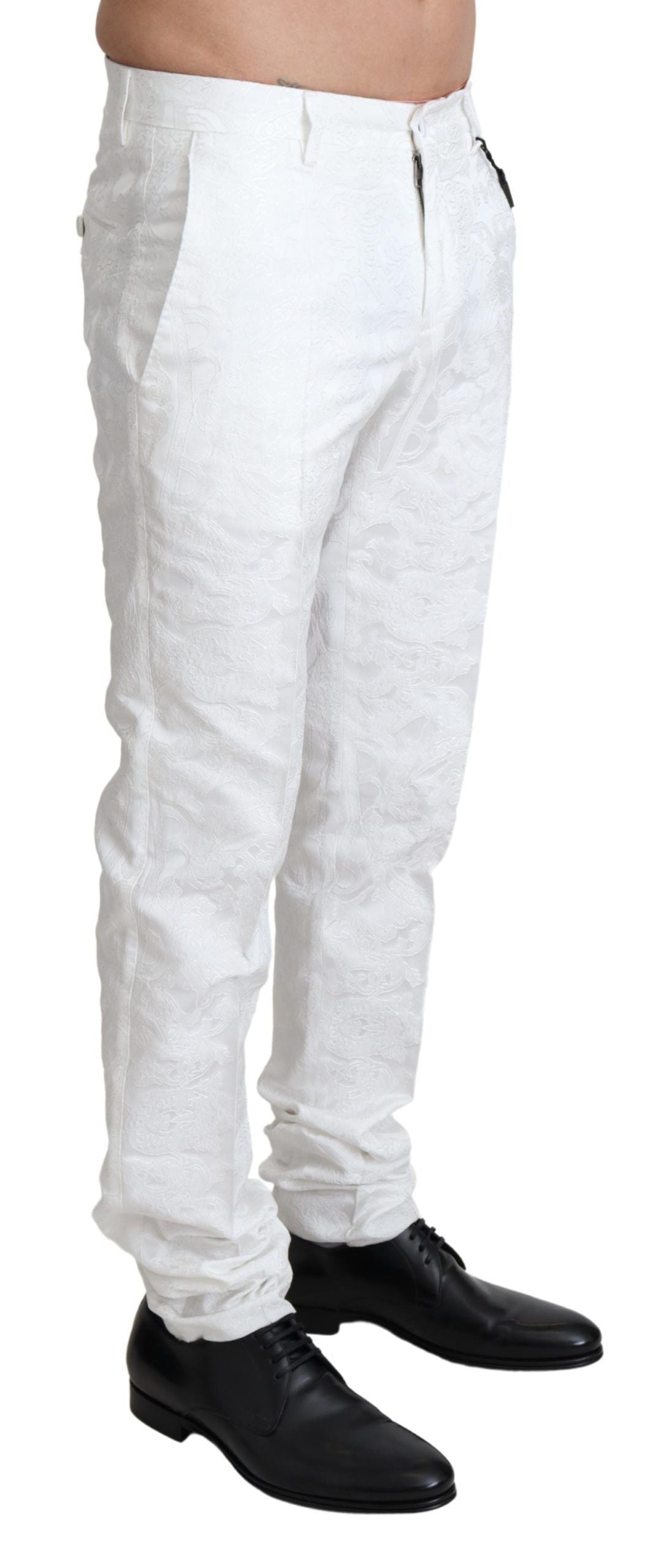 Pantalones elegantes de vestir con brocado blanco