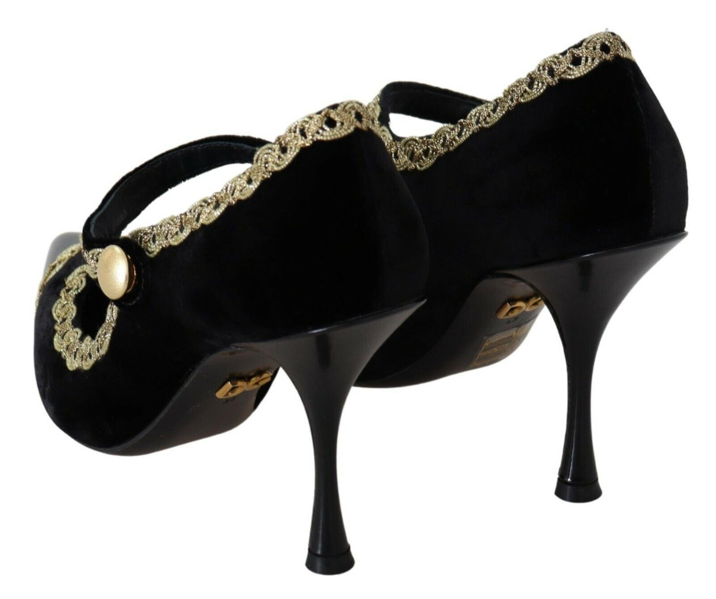 Elegantes zapatos de salón de terciopelo negro con bordado dorado