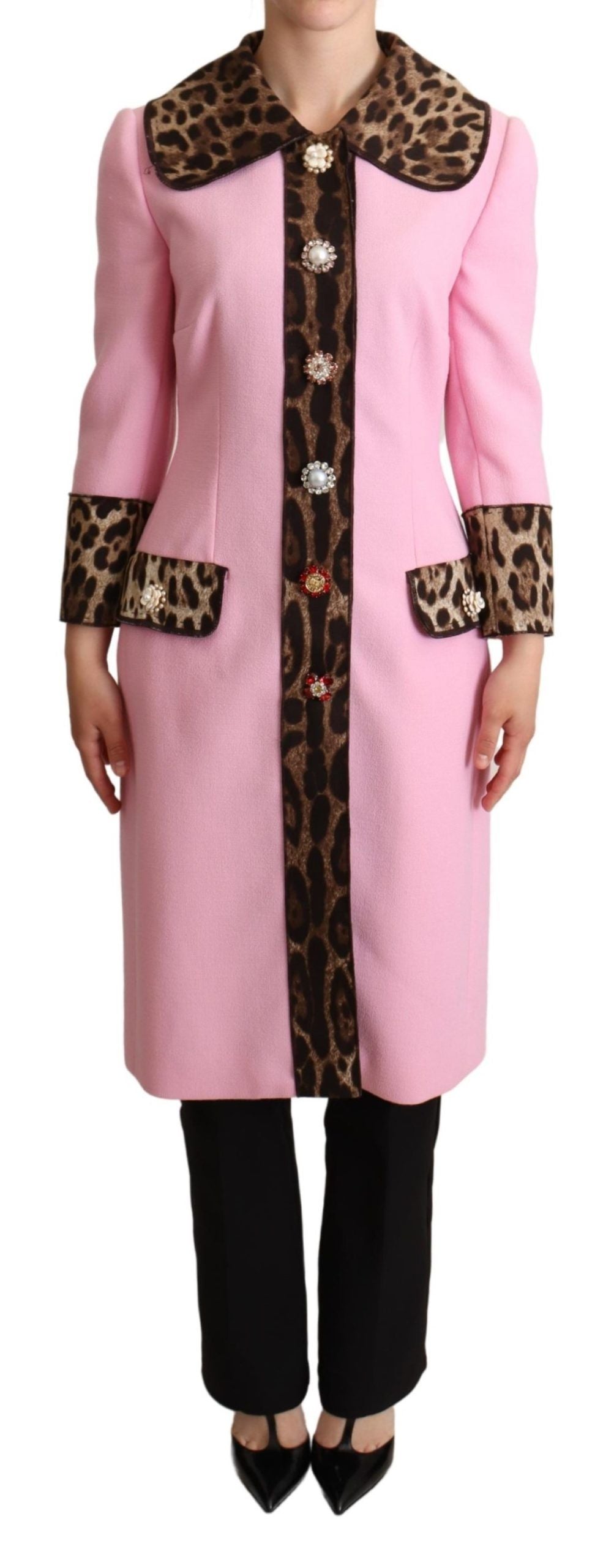 Elegante gabardina de leopardo rosa con botones de cristal