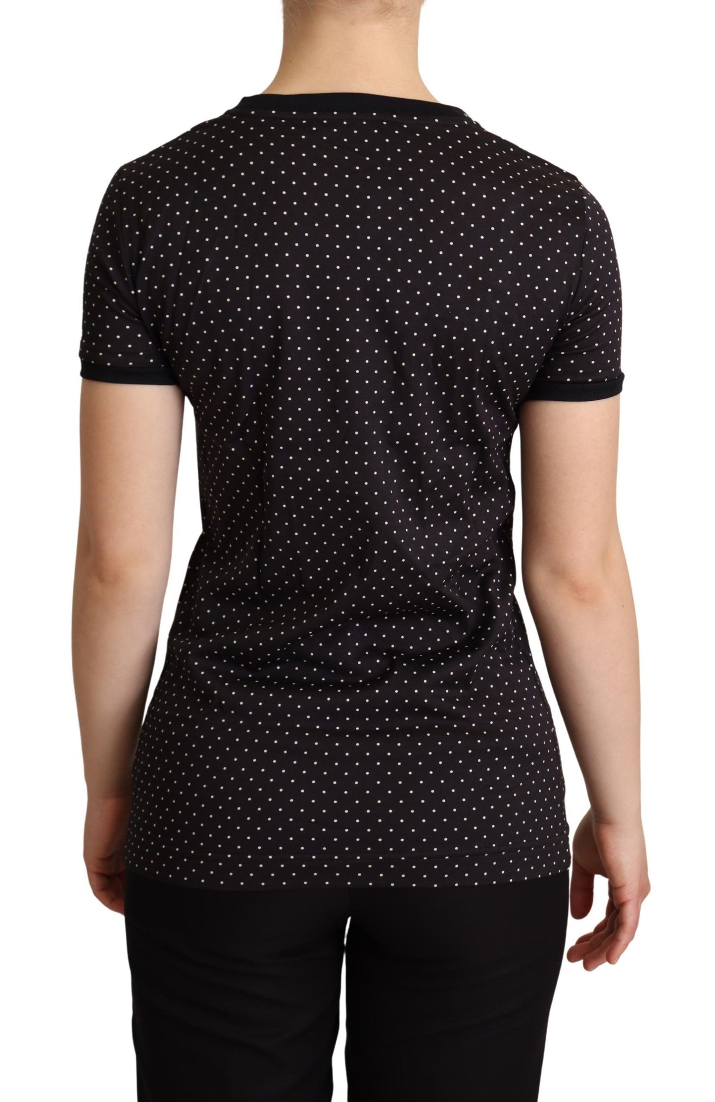 Polka Dotted Black Short Sleeve Crewneck Top