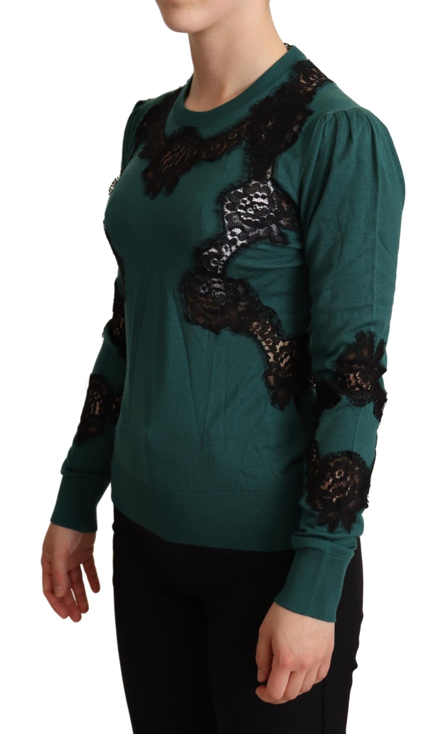 Elegant Green Pullover with Black Lace Detail