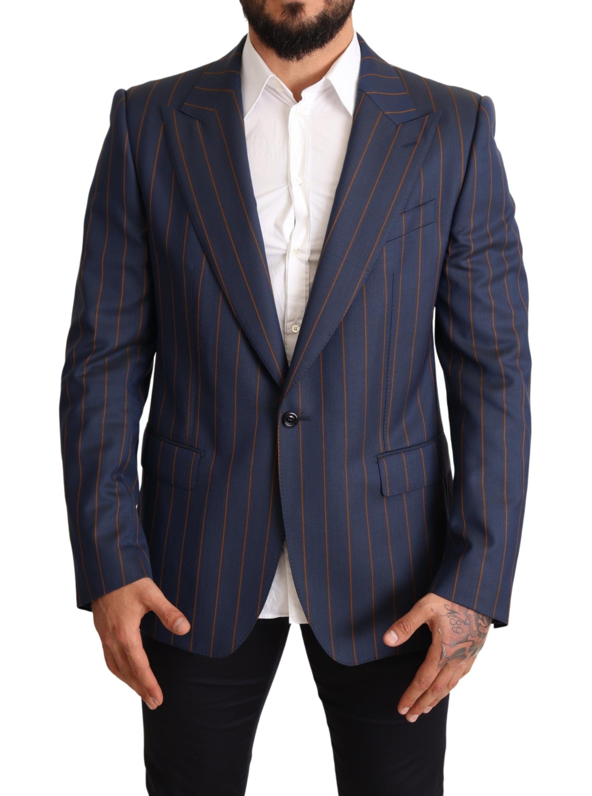 Blazer elegante de lana de rayas azules y corte ajustado