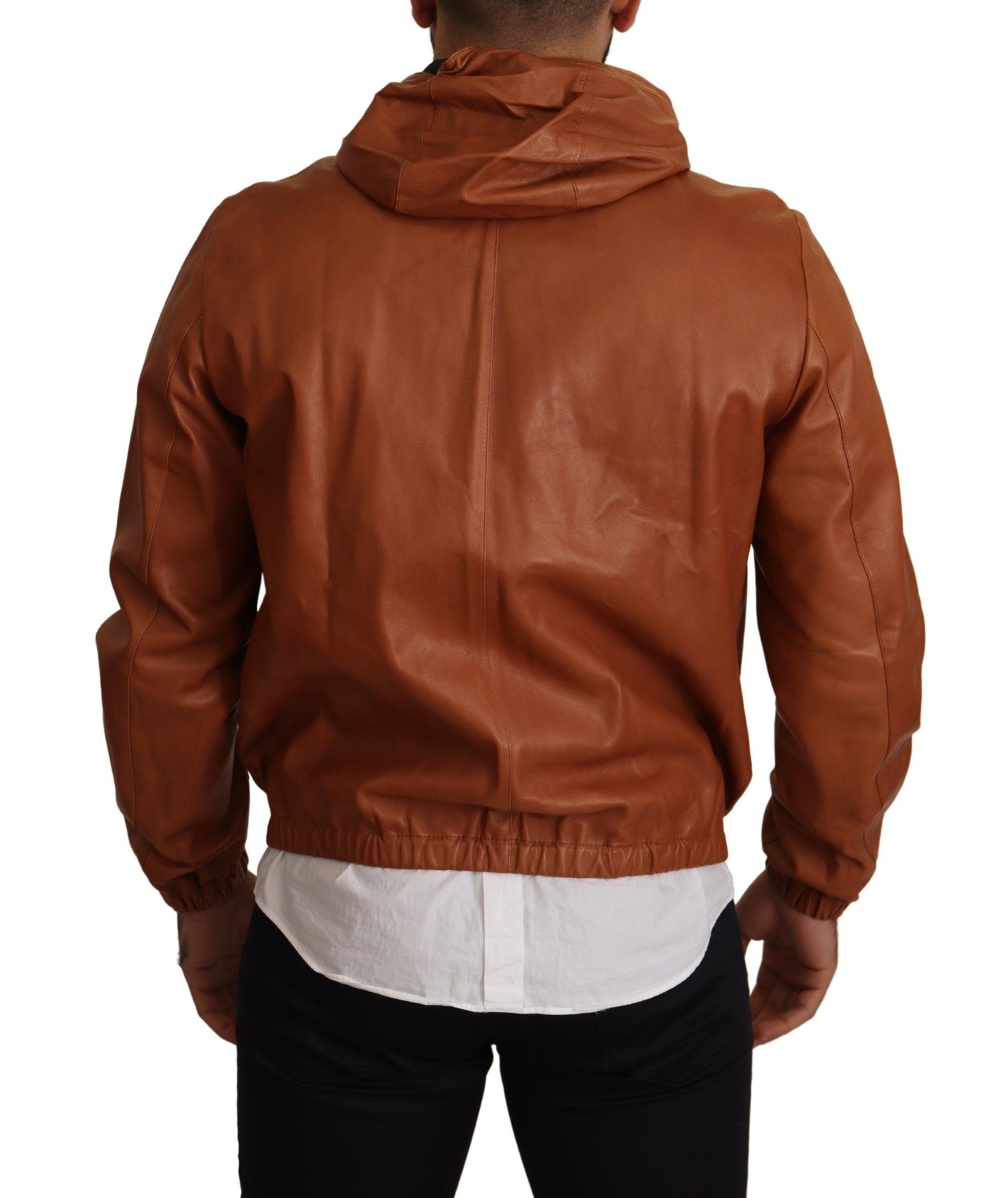 Elegante chaqueta bomber de cuero marrón