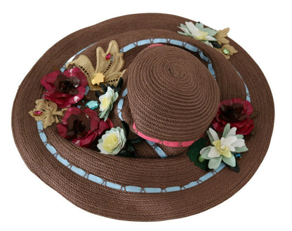 Elegante sombrero de ala ancha con motivos florales