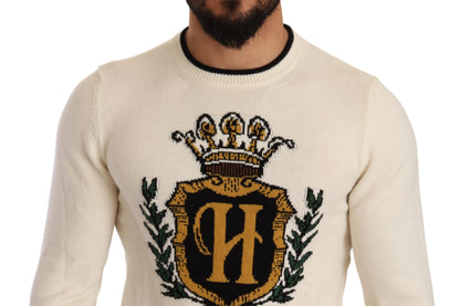 Elegant Snow-White Heraldic Cashmere Sweater