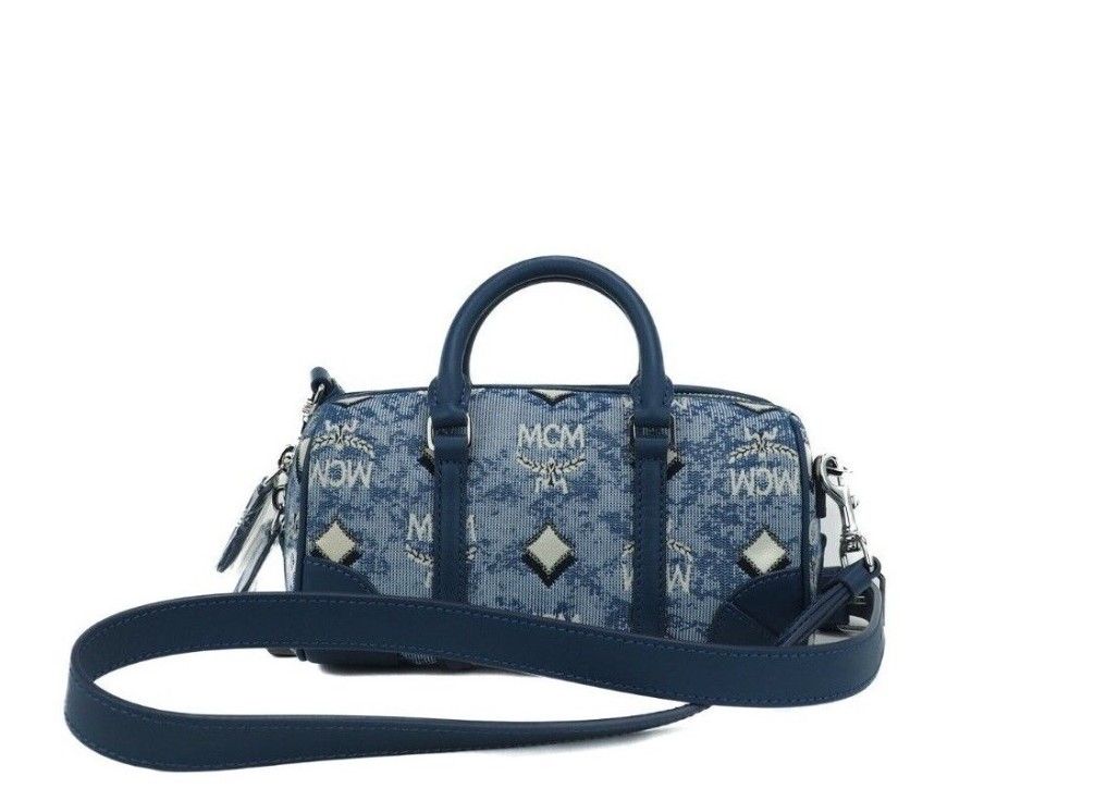 Bolso bandolera Boston Mini de tela con logotipo en jacquard vintage en color azul