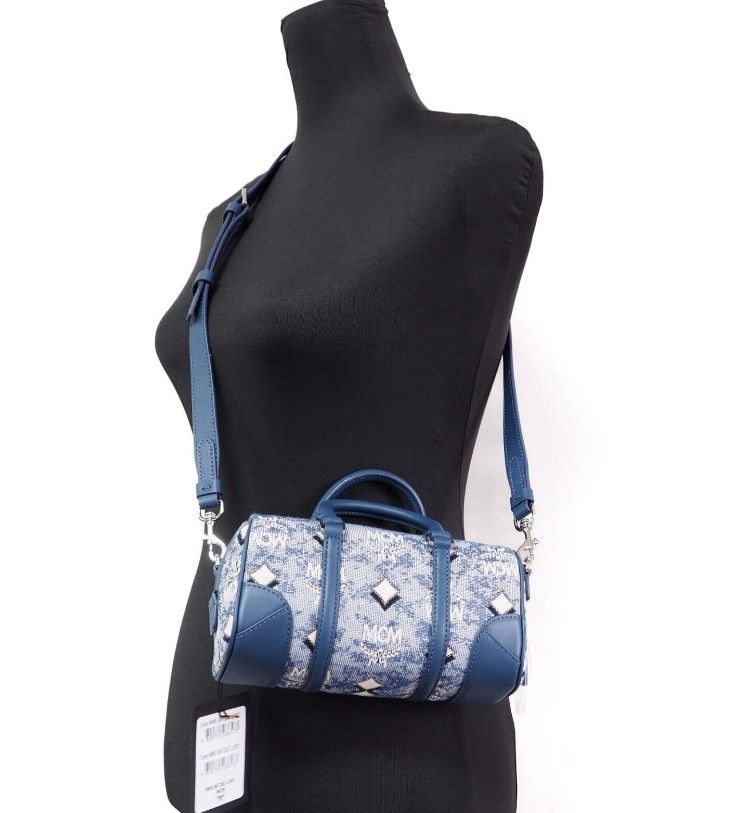 Bolso bandolera Boston Mini de tela con logotipo en jacquard vintage en color azul