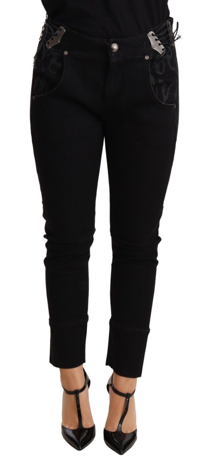 Chic Low Waist Skinny Black Cotton Trousers