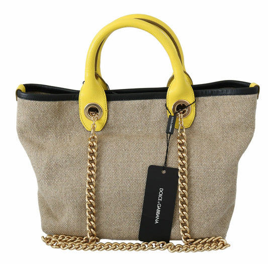 Bolso de mano de lino y piel de becerro beige con cadena dorada